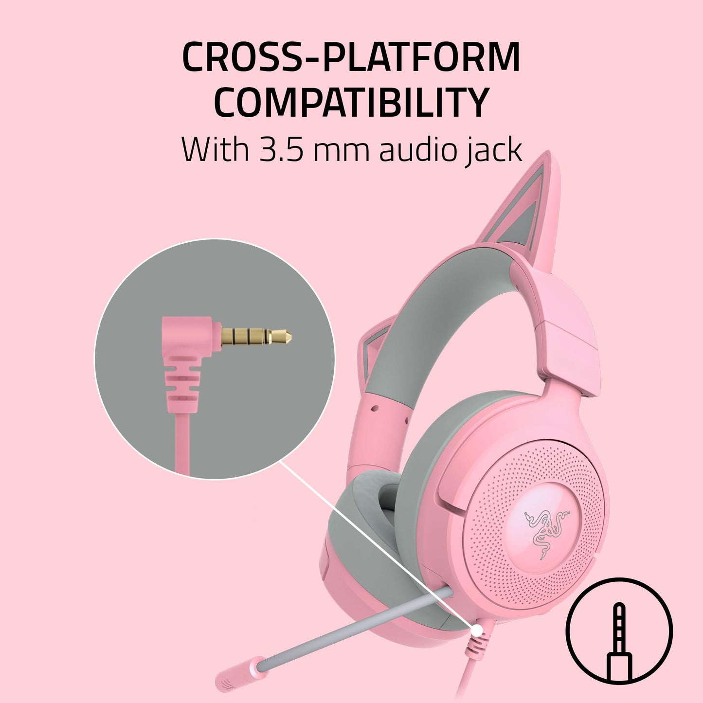 Razer Kraken Kitty V3 X Wired Gaming Headset: Kitty Ears - HyperClear Cardioid Mic - 40 mm Drivers - 7.1 Surround Sound - Comfy Ear Cushions - Cross-Platform via 3.5mm PC, PS5, Xbox, Switch 2 - Pink