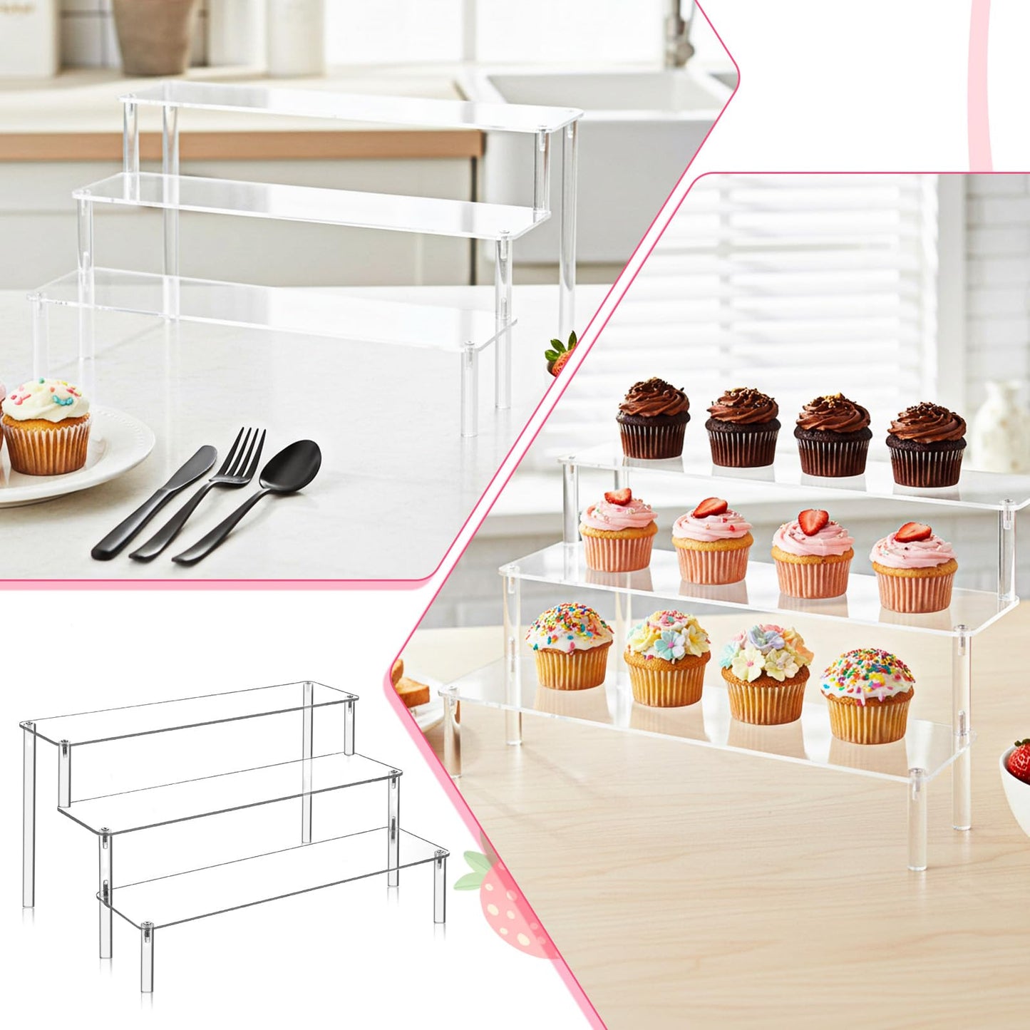 3 PACKS Acrylic Riser Clear Display Stand Perfume Stand Organizer Clear Shelf 3 Tier Cupcake Display Stands Clears Acrylic Shelf Risers for Collectibles, Dessert Shelves for Decoration and Organizer