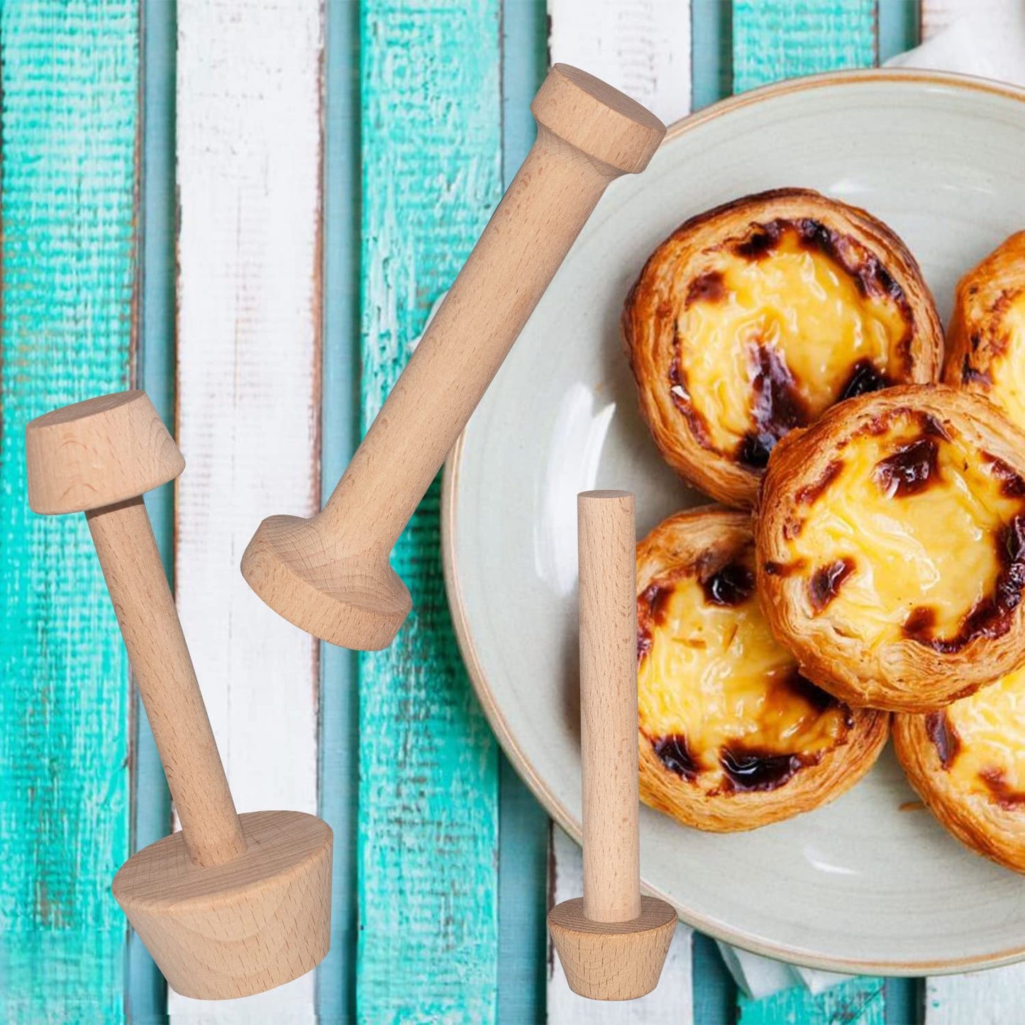 Dupiulk Wooden Tart Tamper Set, Double Side Pie Pastry Dough Tamper, Egg Tart Pan Mold DIY Cake Pastry Baking Tool for Mini Egg Tart, Cheesecakes, Pasta and Dessert Baking (3 Pieces)
