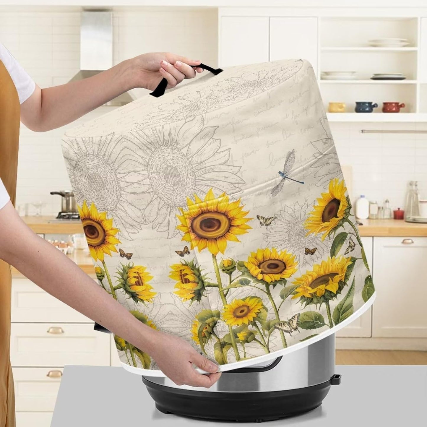Air Fryer Cover - Pressure Cooker Dust Cover for 6 Qt Instant Pot, with Top Handle and Accessories Pockets, Sunflower