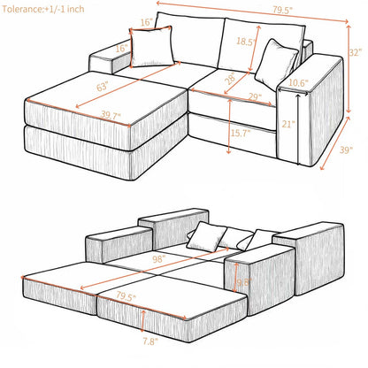Cloud Modular Sectional Sofa Convertible Sleeper Sofa Bed, Comfy Boneless Couch for Living Room, Modern L-Shaped Cloud Couch in A Box with Reversible Chaise, Customizable Floor Sofa Bed