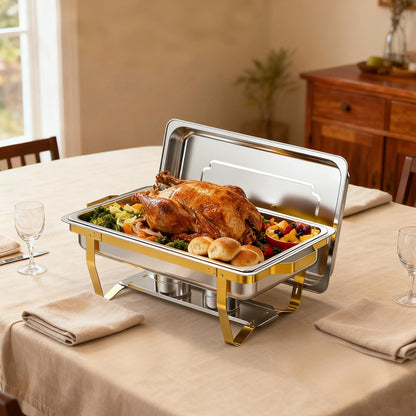 ZLMTZDJD 4 Pack 9 Qt Chafing Dishes Buffet Set - Gold Stainless Steel Food Warmers with 12 Serving Utensils (Tongs, Ladles, Spoons) for BBQ, Parties, Catering, Weddings, Events