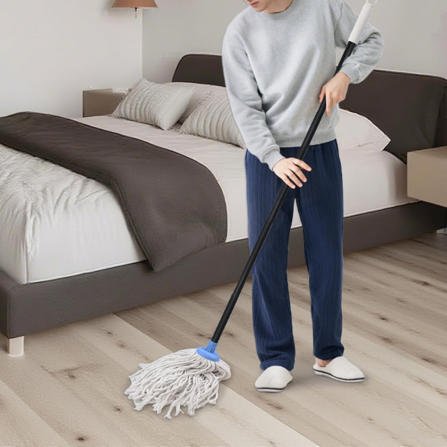 Indoor Mop for Floor Cleaning - Cotton Mops for Floor Cleaning, Regular Mop for Floors, 49-inch Simple Mops for Cleaning Living Rooms, Bathrooms, and Kitchens. (White&Blue)