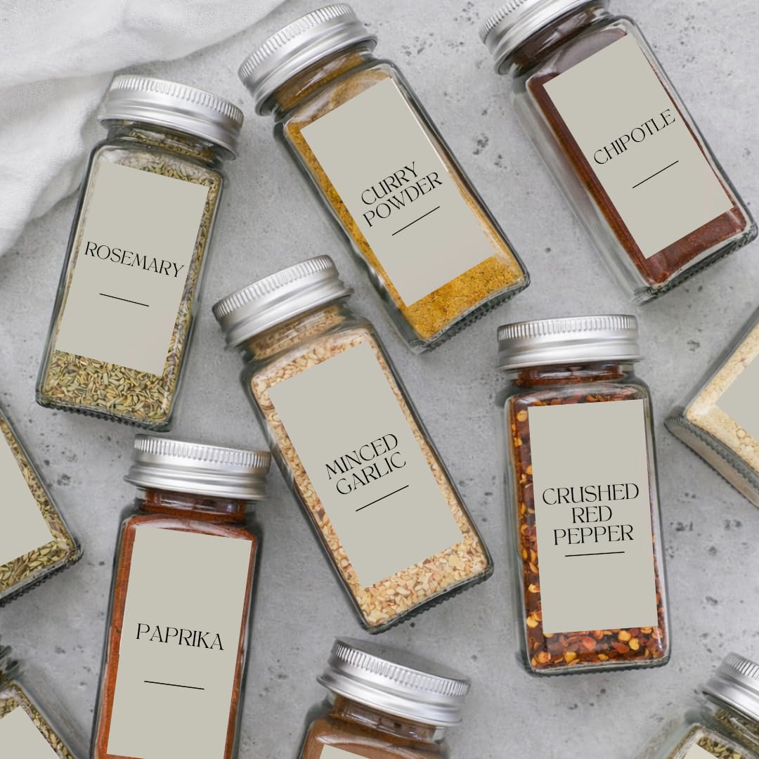 Spice Labels - 168 Aesthetic Beige Spice Labels for Jars - Waterproof Stickers for Spice containers - Preprinted Minmalist Oilproof Herbs & Seasoning Labels
