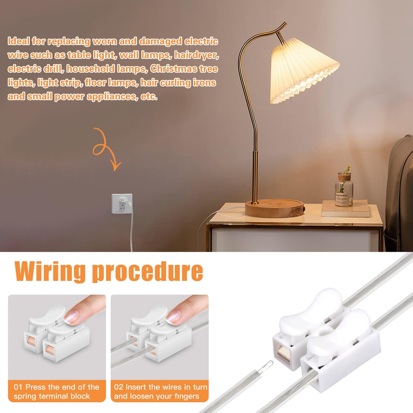 Asjeumt 2 Pcs 8 FT Lamp Cord with Plug, Replacement Lamp Wire with Plug, Clear SPT-2 Lamp Cord Wire 2 Polarized Molded Plug 18 AWG Power Cord, 8 Feet DIY Rewiring Repair Wiring Electrical Light Cords