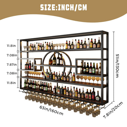 GKBRSU Modern Wall Mounted Wine Rack with LED Light, Large Industrial Metal Wine Bottle Holder with Glass Hanger, Floating Bar Shelves for Home Bar Decor, Black 63x8x51in (Black, 63 in)