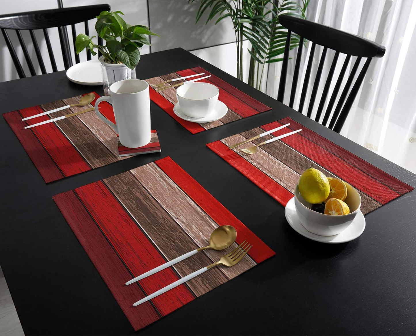 Vandarllin Christmas Red Brown Placemats, Set of 6 Retro Rustic Barn Wood Texture Stain Resistant Table Mats