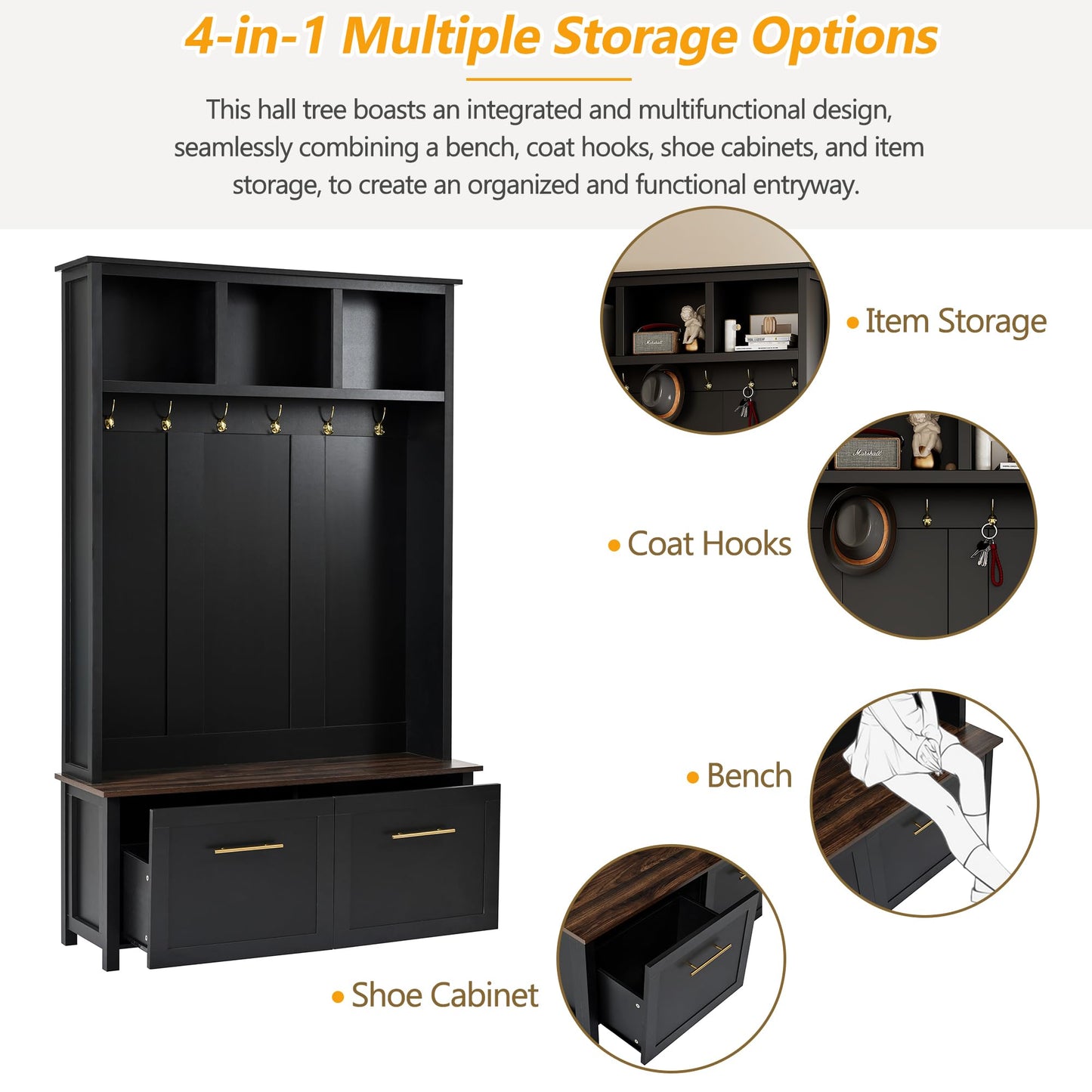 Merax 4-in-1 Hall Tree with Bench, Modern Versatile Multiple Storage Space with 6 Golden Hooks, 2 Drawers, Entryway Coat Rack for Living Room, Hallway, Black