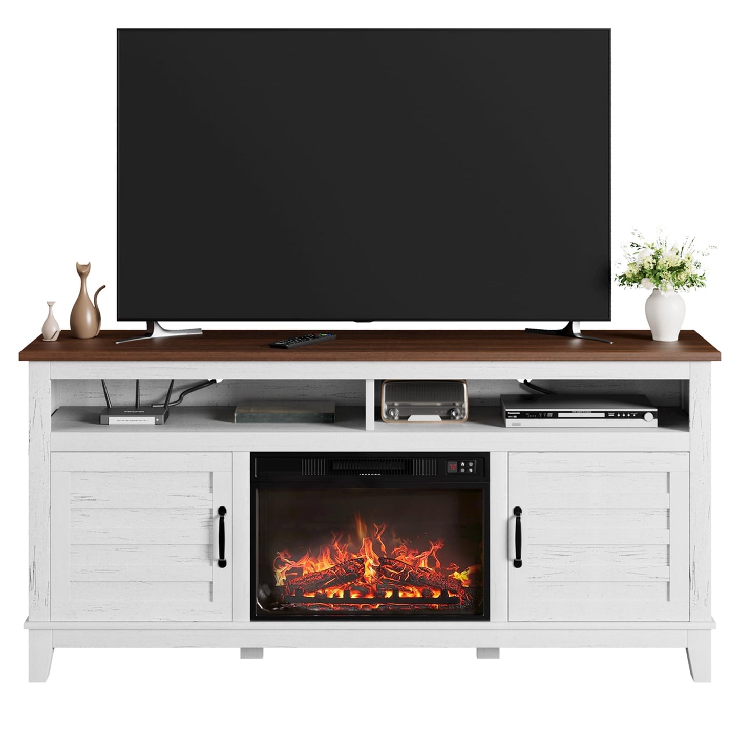 IDEALHOUSE Fireplace TV Stand, Entertainment Center with Fireplace, Farm TV Cabinet with Cupboard Door, Suitable for Living Room and Bedroom