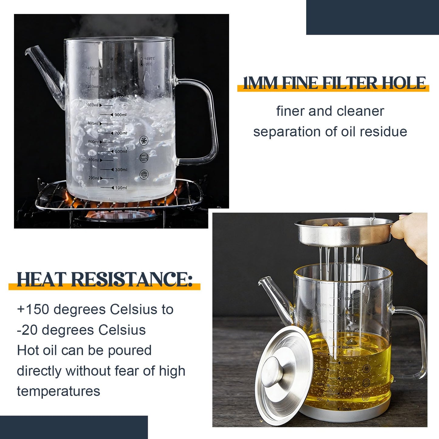 Didaey 6.25 Cups / 1.5L Glass Fat Separator Bacon Oil Container with Strainer 50 oz Separator for Kitchen Cooking Grease Strainer Frying Oil Storage Can Transparent Silicone Bottom and Stopper