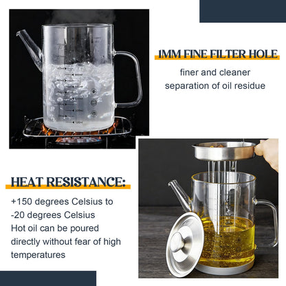 Didaey 6.25 Cups / 1.5L Glass Fat Separator Bacon Oil Container with Strainer 50 oz Separator for Kitchen Cooking Grease Strainer Frying Oil Storage Can Transparent Silicone Bottom and Stopper