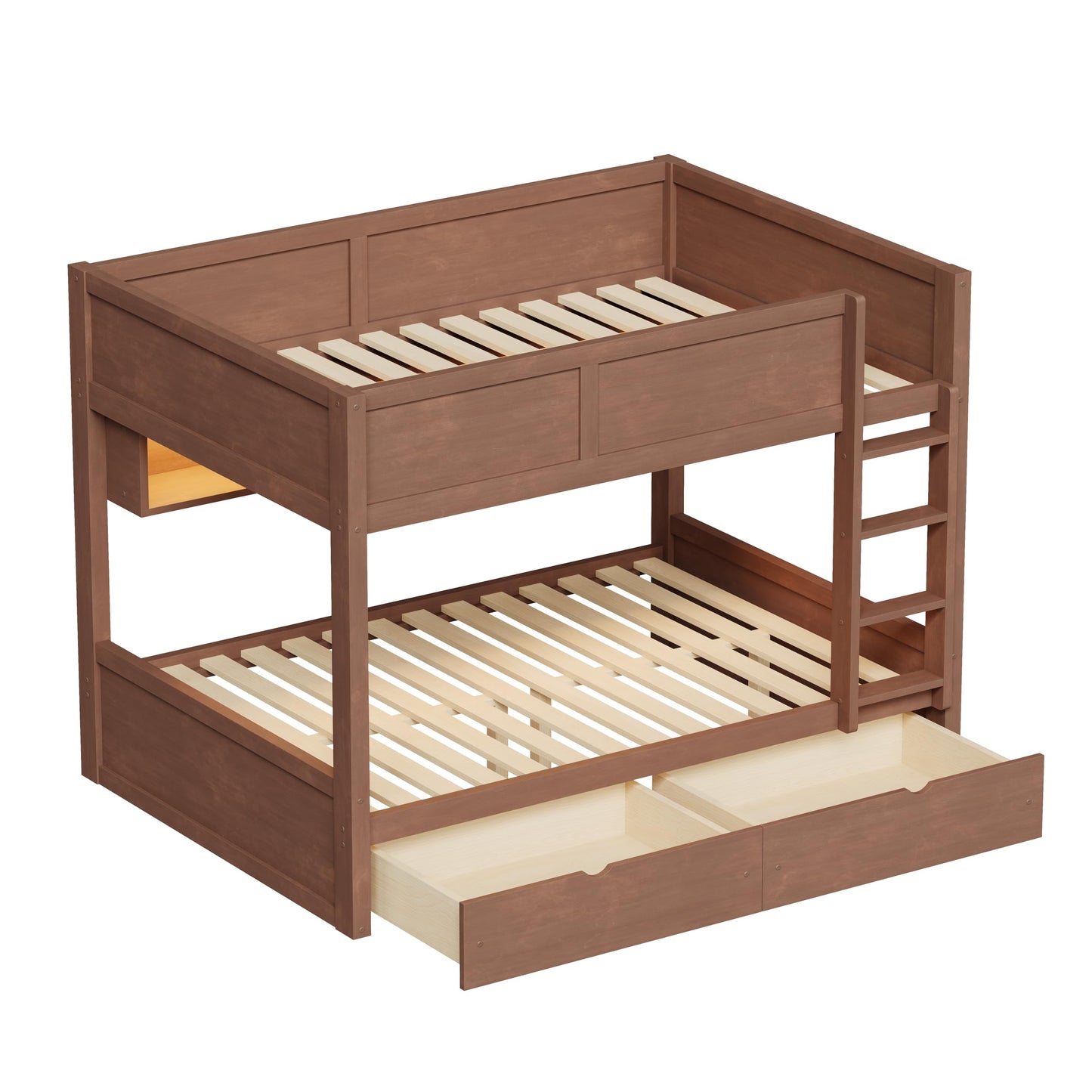 Merax Full XL Over Full XL Wood Bunk Bed Frame with Ladder,Storage Shelves & Drawers for Teens, Modern Low Bunk Bed with Solid Slats, Guardrail, No Box Spring Required, Easy Assembly, Brown