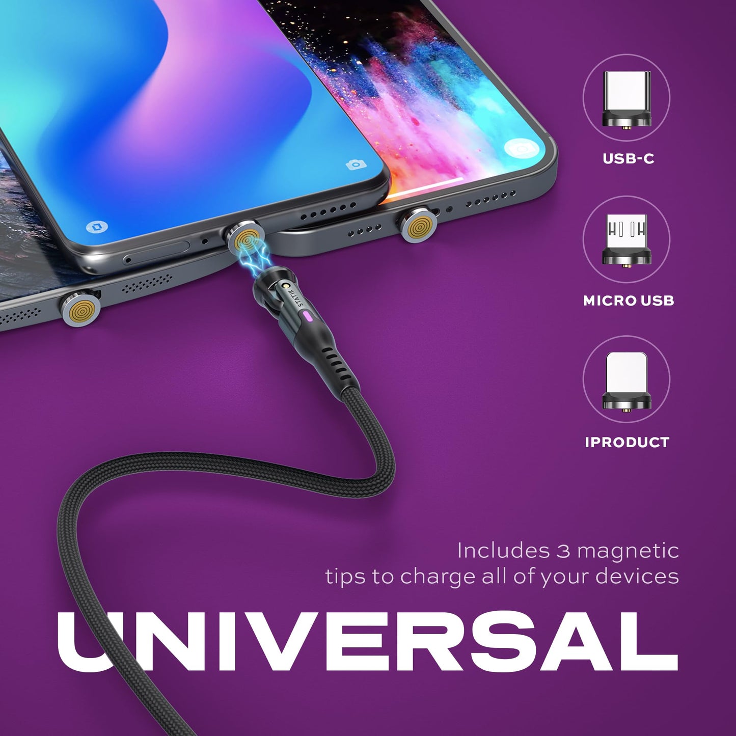 Statik 360 Pro Magnetic Charging Cable - Type C Charger Fast Charging 3 in 1 USB C to USB C Cable, Micro USB & iProduct Tips, USB A Adapter, Fits All Devices - 100W Fast Charger, Black 10FT/3M