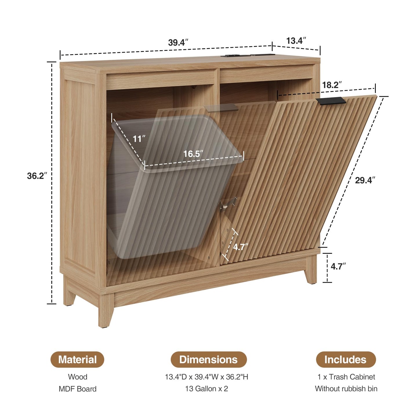 Double Tilt Out Trash Can Cabinet with Odor Control, Outlets, Fluted Trash Cabinet 13 Gallon Hidden Bin Storage, Modern Kitchen Cabinet with Soft-Close Door, Laundry Hamper Cabinet for Bathroom