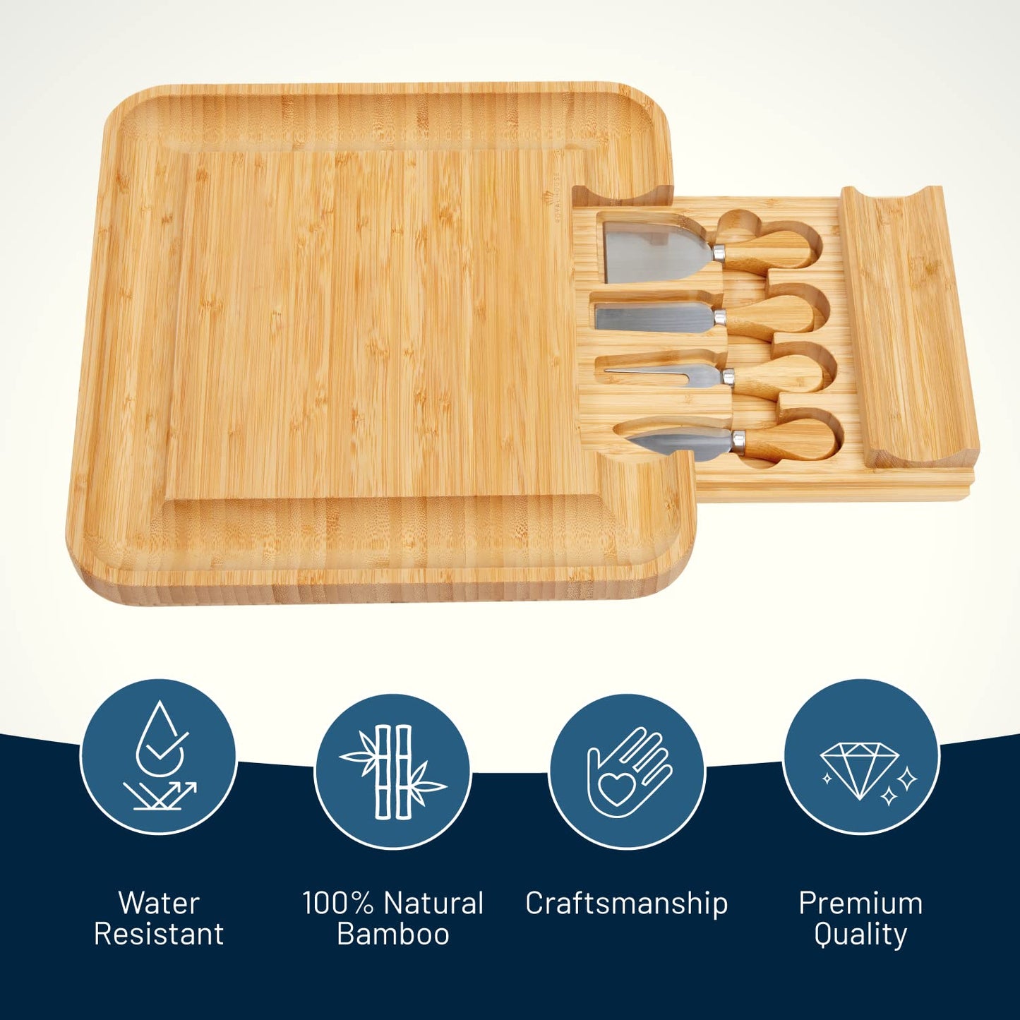 RoyalHouse Bamboo Cheese Board and Knife Set with Slide-Out Cutlery Drawer - Charcuterie Boards Set & Cheese Platter - Birthday Gifts for Women, Wedding Gifts for Couples 2025, Bridal Shower Gifts