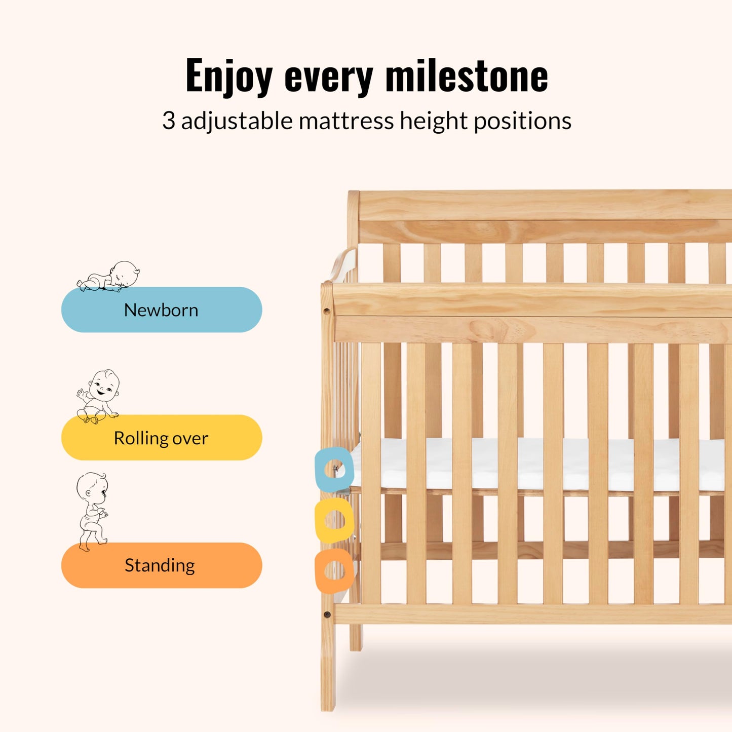 Dream On Me Jayden 4‑in‑1 Mini Convertible Baby Crib & Changer with Storage in Natural, Pinewood, GreenGuard Gold & BSA, 1” Mattress Pad, 3 Mattress Heights, Converts to Mini Day & Twin-Size Bed