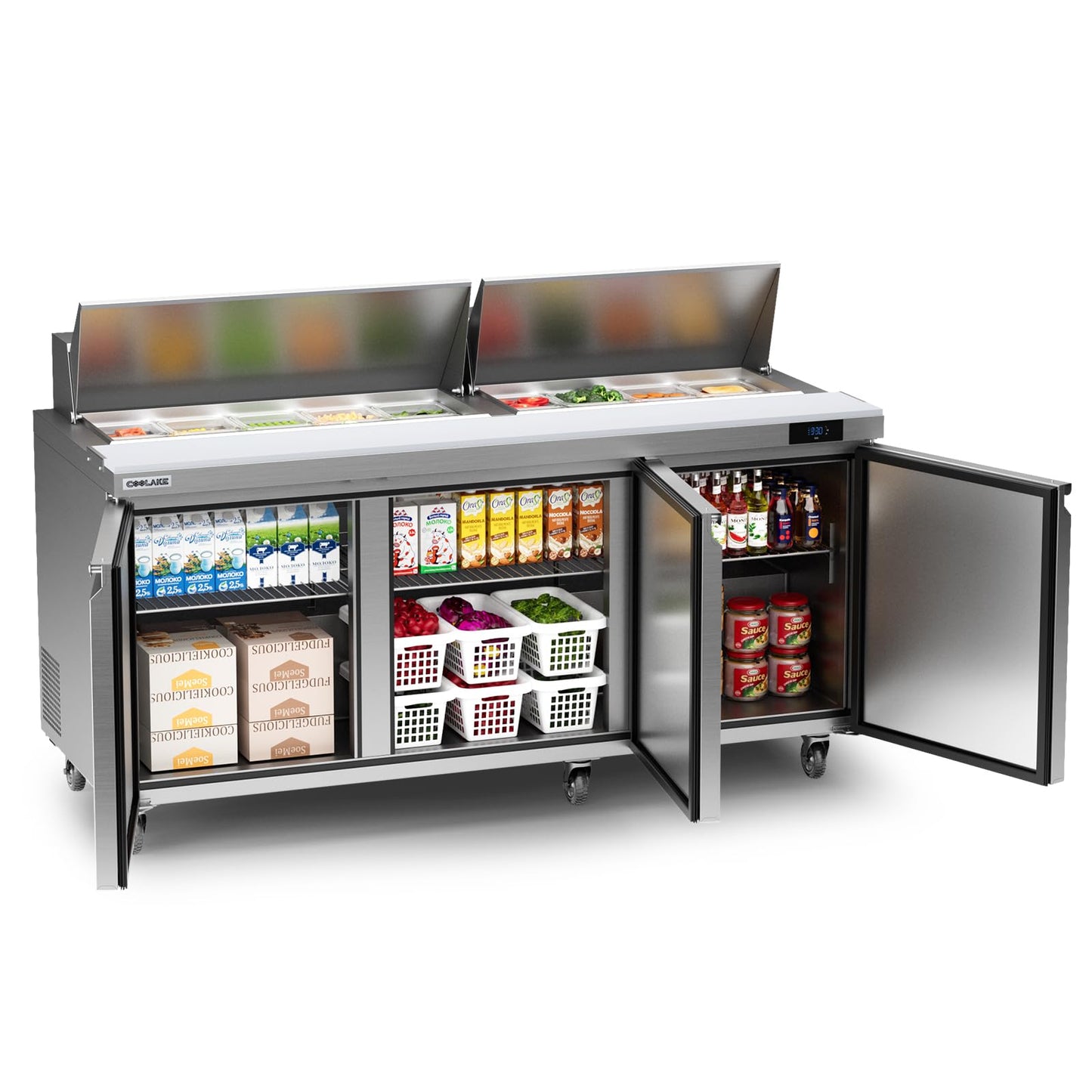 Coolake 72.7'' W 3 Door Commercial Refrigerator Sandwich Salad Prep Table, 22 Cu.ft Stainless Steel Counter Fan Cooling Refrigerator with 18 GN 1/6 Pans for Restaurant Bar Food Truck, NSF, ETL, DOE