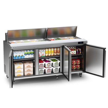 Coolake 72.7'' W 3 Door Commercial Refrigerator Sandwich Salad Prep Table, 22 Cu.ft Stainless Steel Counter Fan Cooling Refrigerator with 18 GN 1/6 Pans for Restaurant Bar Food Truck, NSF, ETL, DOE