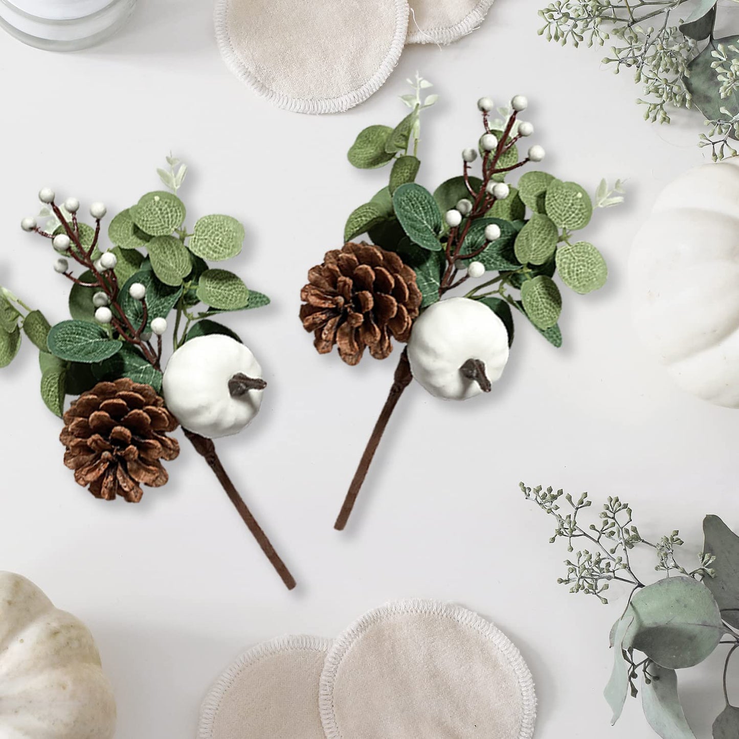 Adurself 12PCS Greenery Stems Artificial Eucalyptus Leaves Fall Picks with White Pumpkin Pinecones for Wedding Table Decor Autumn Thanksgiving Day Flower Arrangements Wreaths Indoor Outdoor Home Decor