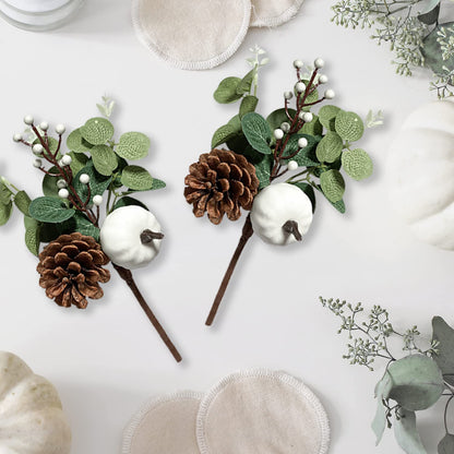 Adurself 12PCS Greenery Stems Artificial Eucalyptus Leaves Fall Picks with White Pumpkin Pinecones for Wedding Table Decor Autumn Thanksgiving Day Flower Arrangements Wreaths Indoor Outdoor Home Decor