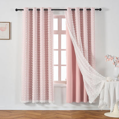 1 72 Inch Pink Blackout Curtain for Girls Bedroom Panel, Double Layered Curtain with Pom Pom White Sheer Overlay, Light