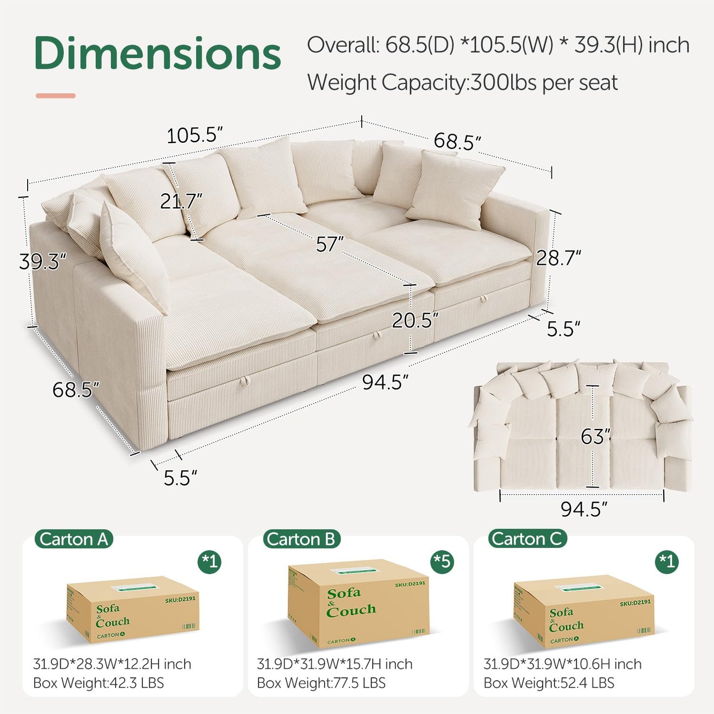 HONBAY Modular Sectional Sleeper Sofa, Corduroy 6 Seater Couch with Storage, Sectional Sleeper Couches for Living Room, Beige