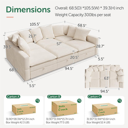 HONBAY Modular Sectional Sleeper Sofa, Corduroy 6 Seater Couch with Storage, Sectional Sleeper Couches for Living Room, Beige