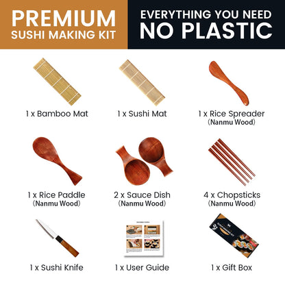 Wimitools All Wood Sushi Making Kit Nonplastic Sushi Roller Kit, Nanmu Wood Rice Paddle, Spreader, Chopsticks, Bamboo Mat - the Pro Homemade Sushi Kit and Best Gift
