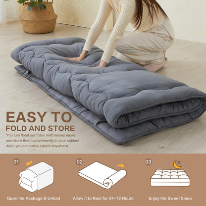 SAPHREAS Japanese Futon Mattress Floor Mattress Twin, Foldable Roll Up Bed Mattress Topper with Elastic Straps, Tatami Mat Sleeping Pad for Camping, Grey