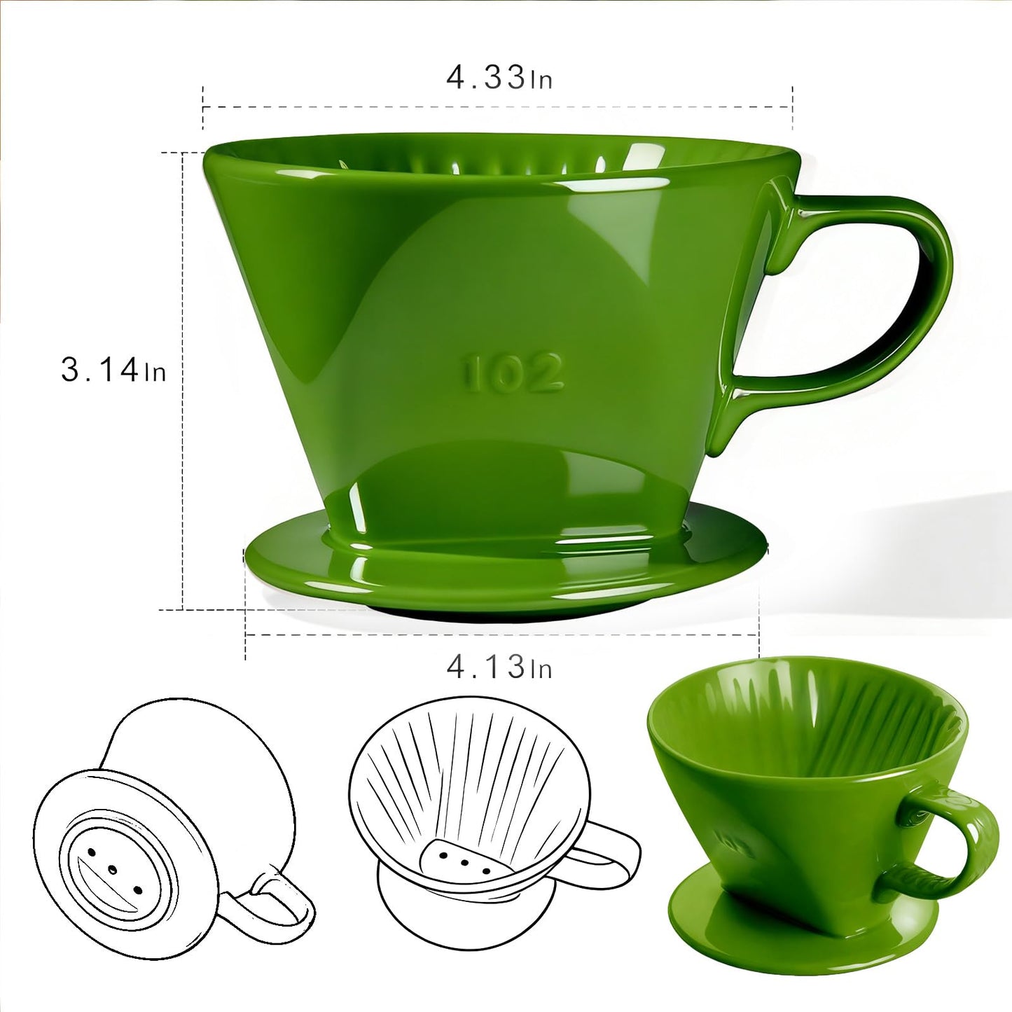 NBYHZLS Handmade Pour over Ceramic Coffee Dripper - Authentic Brewing Experience for Camping, Office, and Home (Dark Green)