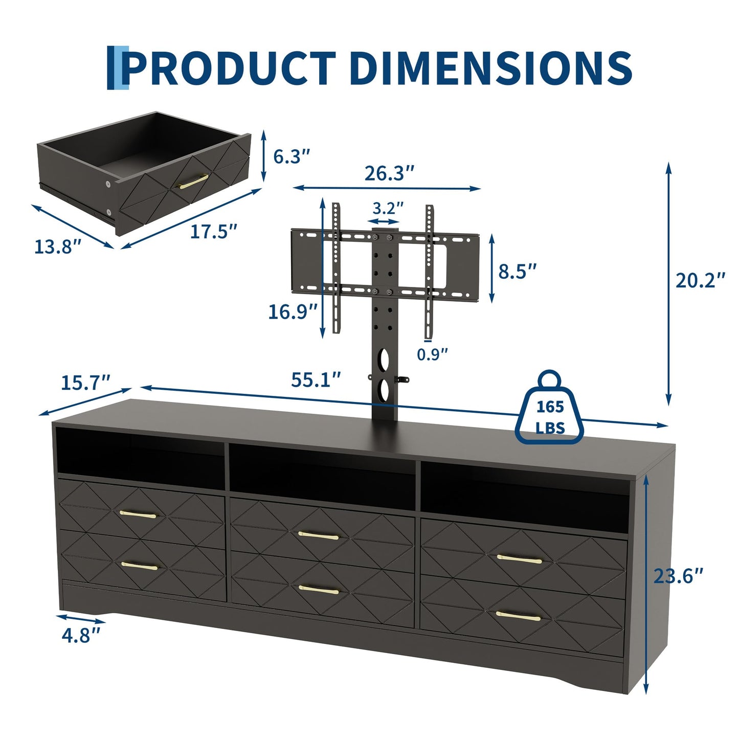 GarveeHome Black Entertainment Center with 6 Storage Drawers for Bedroom Living Room, Universal TV Stand with Mount Fit 32"-80" TVs, Farmhouse Wooden Media Console Tables with Height Adjustable Mount