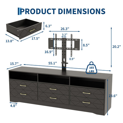 GarveeHome Black Entertainment Center with 6 Storage Drawers for Bedroom Living Room, Universal TV Stand with Mount Fit 32"-80" TVs, Farmhouse Wooden Media Console Tables with Height Adjustable Mount