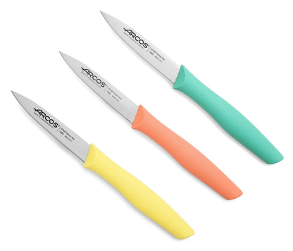 Arcos Paring Knife Set of 3 Pieces 4 Inch Stainless Steel. Colorful Kitchen Knives for Peeling Fruits and Vegetables. Ergonomic Polypropylene Handle. Series Nova. Color Orange, Yellow and Blue.