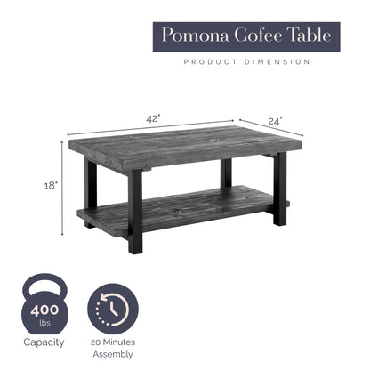 Alaterre Furniture Pomona Living Room 42 Inch Rectangular Solid Wood Coffee Table with Storage Shelf & Metal Legs – Modern Rustic Industrial Living Room Table (Slate Grey)