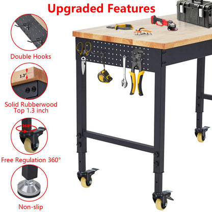 Garvee 72 x 25 Inch Adjustable Workbench, Heavy-Duty Workbench with a 2000 lb Load Capacity, Metal Frame with Power Outlets & Casters, Rubberwood Top Workbench for Workshops, Garages