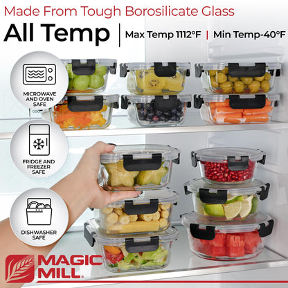 Magic Mill Premium Borosilicate Glass Food Storage Containers with lids Set | 24pc Sets with 12 Bowls & 12 Airtight Locking Lids for Lunch & Meal Prep, Safe for Oven, Freezer, Dishwasher, BPA-Free