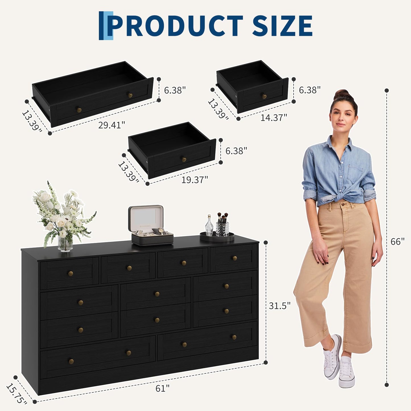 Garvee Wooden Dressers for Bedroom with 12 Drawer, Black Dresser for Adult Bedroom, Modern Wood Chest of Drawers for Living Room, Closet, Hallway, Farmhouse TV Stand Dresser for 75" TV, 61" W×31.5" H