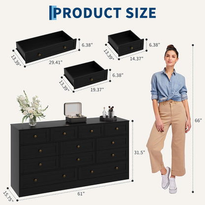 Garvee Wooden Dressers for Bedroom with 12 Drawer, Black Dresser for Adult Bedroom, Modern Wood Chest of Drawers for Living Room, Closet, Hallway, Farmhouse TV Stand Dresser for 75" TV, 61" W×31.5" H