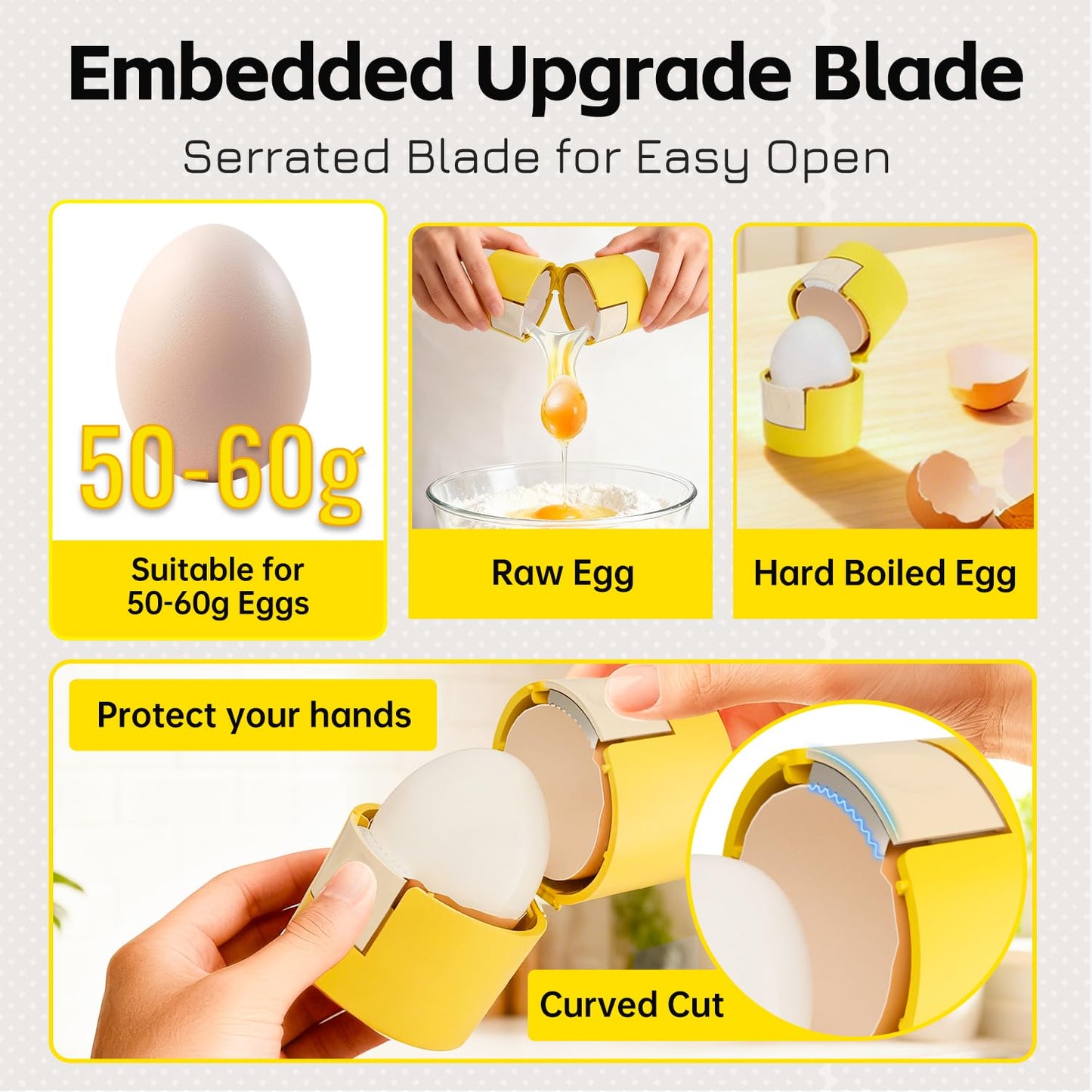 Upgraded 2 in 1 Egg Shell Opener, Hard Boiled Egg Peeler with Piercer, Cute Egg Cracker for Raw Eggs, Egg Separator for Home Kitchen Gadgets Tool (Beige+Yellow)
