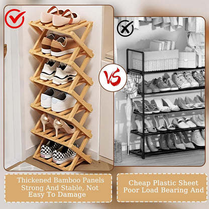 3 Closet Tier Natural Bamboo Shoe Rack,Foldable Space Saving Shoe Storage Organizer,Easy Assembly & Strong Design Shoes