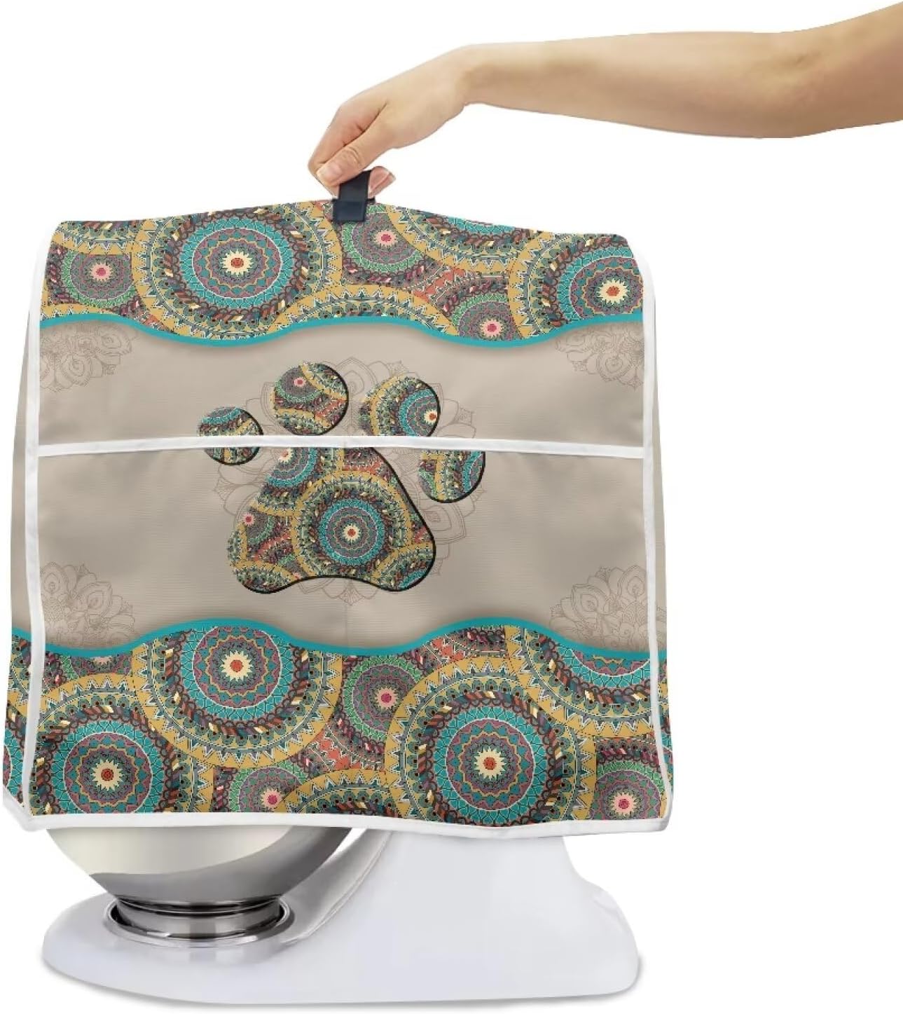 Boho Mandala Kitchen Aid Mixer Cover, Dog Paw Stand Mixer Storage Bag with Pocket, Easy to Clean Holiday Gift