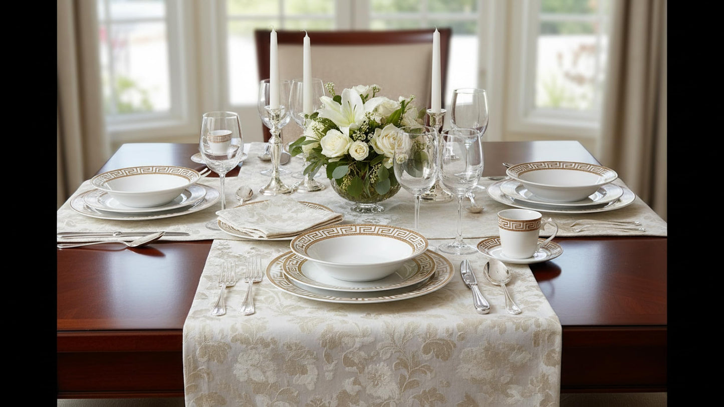 Lorren Home Trends 24 Piece Bone China Dinnerware Set with Gold Greek Key Design, Service for 4, White