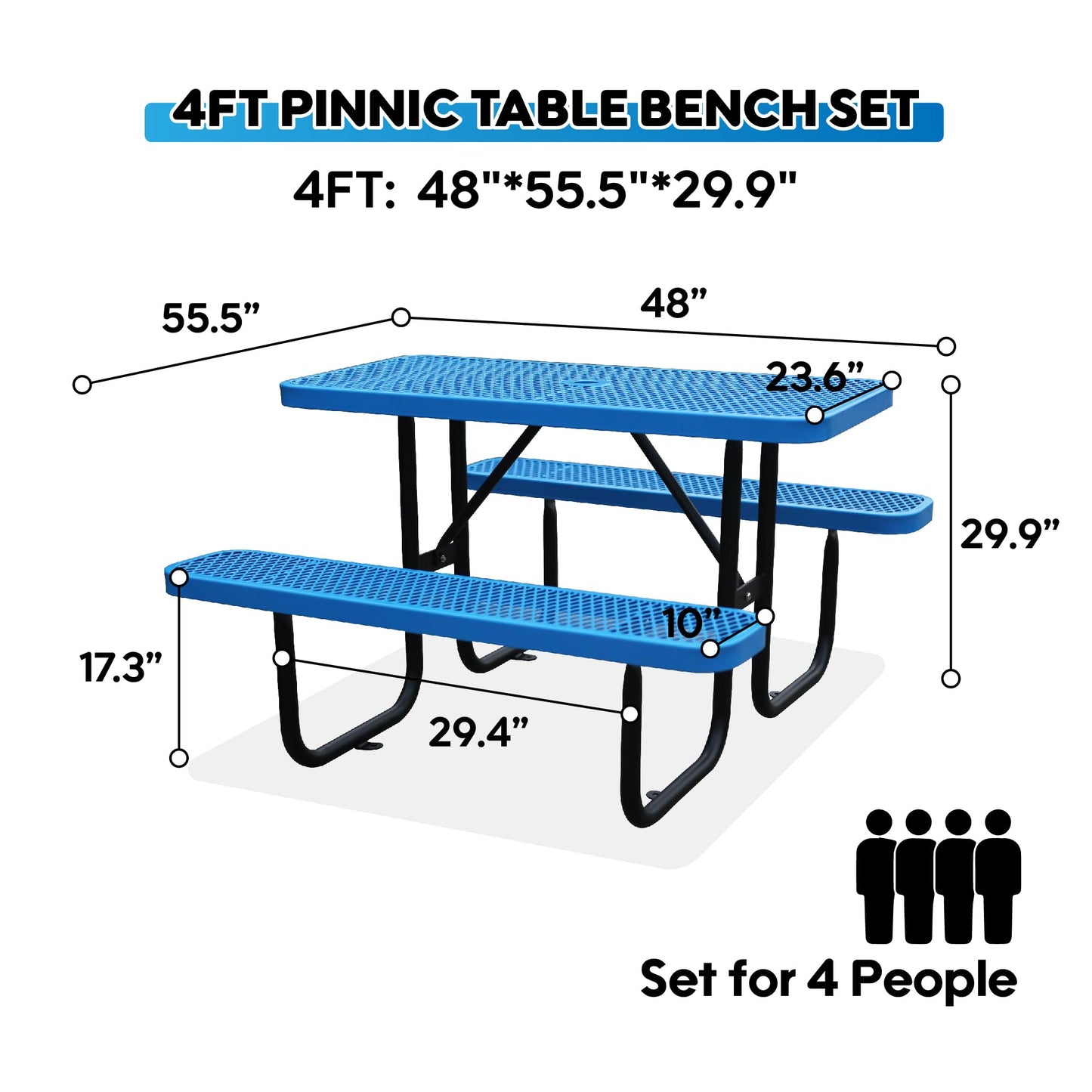 4FT Metal Picnic Tables for Outdoors, Commercial Rectangular Picnic Table and Bench Set for Outside, Patio, Garden, Backyard, Porch, Surface Mount, Blue