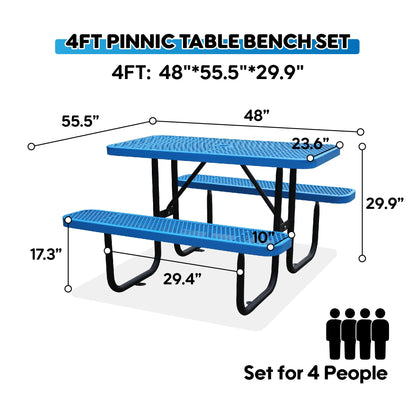 4FT Metal Picnic Tables for Outdoors, Commercial Rectangular Picnic Table and Bench Set for Outside, Patio, Garden, Backyard, Porch, Surface Mount, Blue