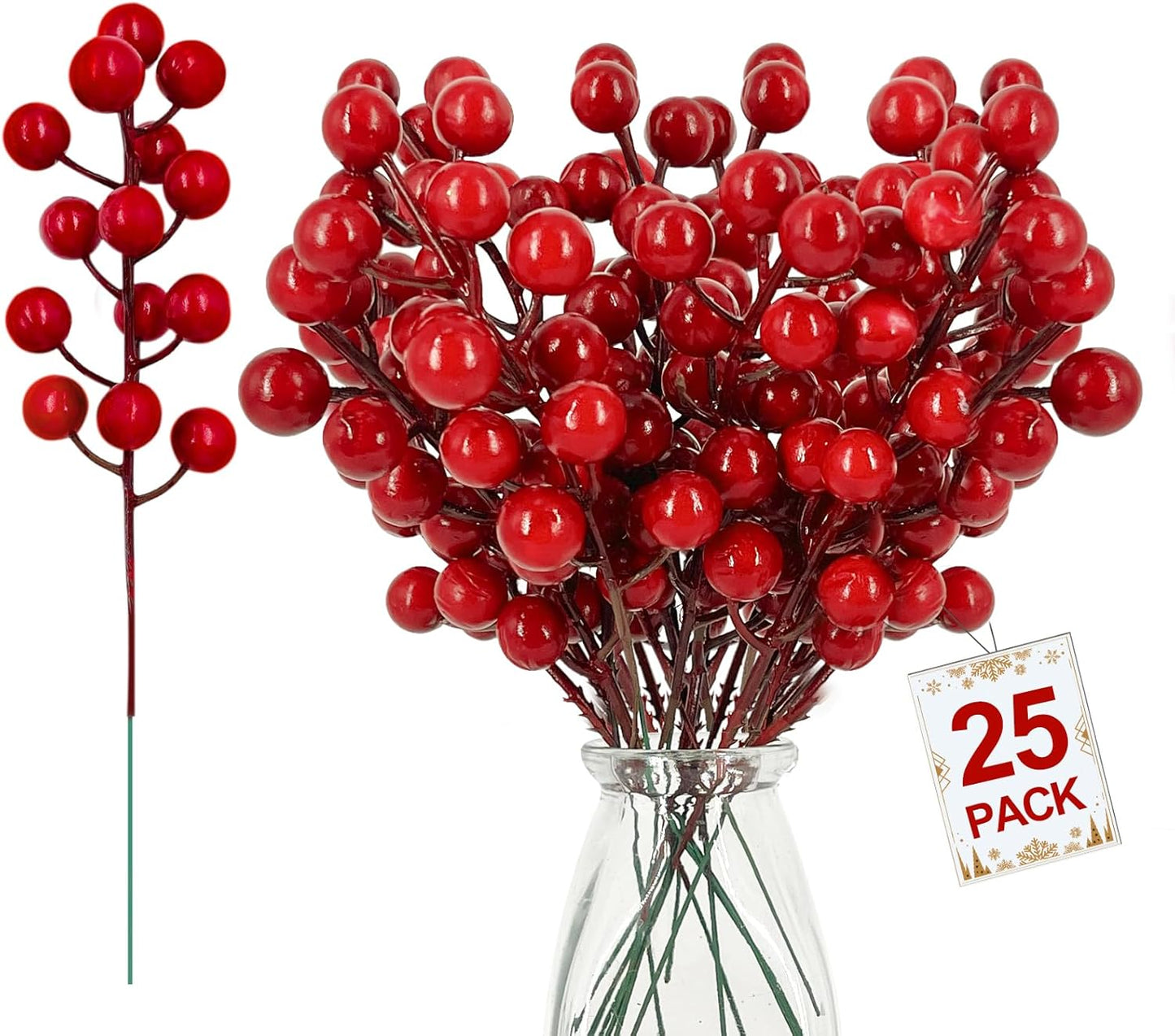 25 Pack Red Berry Stems Waterproof Christmas Picks Sprays for Christmas Tree Decorations Holly Berry Artificial Fruit