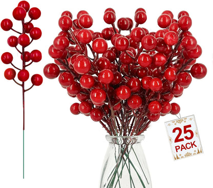 25 Pack Red Berry Stems Waterproof Christmas Picks Sprays for Christmas Tree Decorations Holly Berry Artificial Fruit