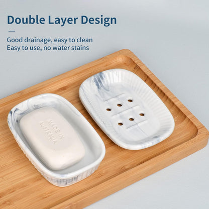 Ceramic Soap Dish, Self-Draining Soap Holder, Double Layer Marble Blue, Easy to Clean