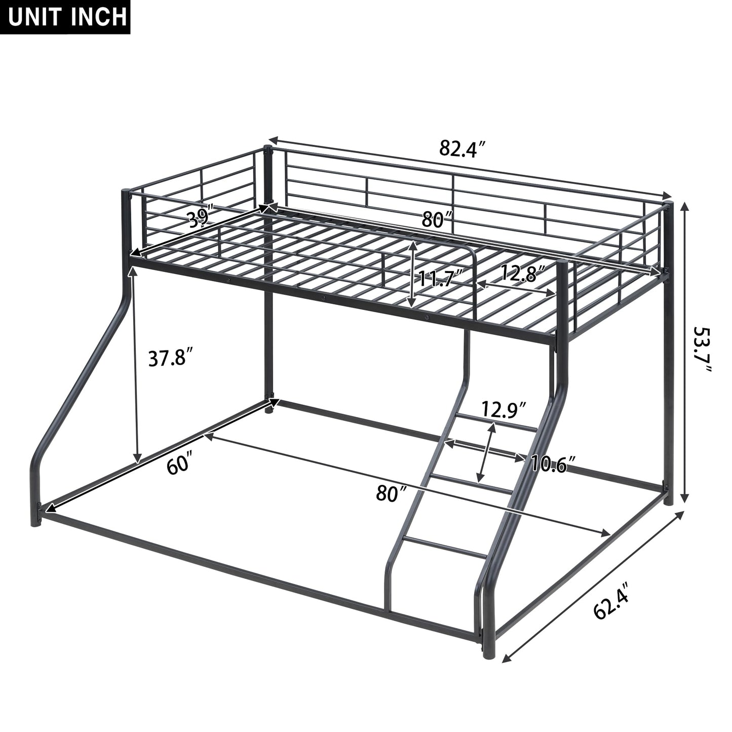 Favfurish Twin XL Over Queen Metal Floor Bunk Bed with Sloping Stairs and Safety Guardrails for Bedroom,Guest Rooms, No Box Spring Needed, Simple to Assemble,Black