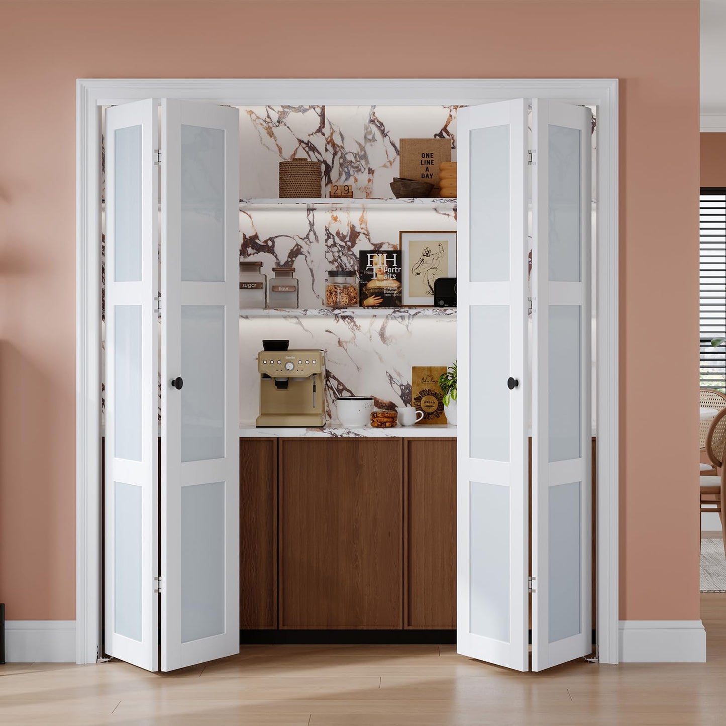 EaseLife Preassembled Bi-Fold Doors, for 72"x 80" Opening,Tempered Frosted Glass Closet Folding Barn Door with Concealed Hardware Kit,MDF Wood Panel,Water-Proof PVC Surface,Easy Installation
