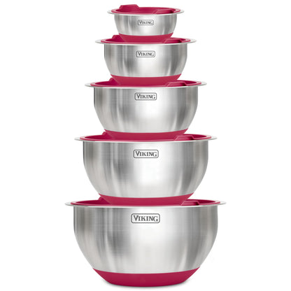 Viking Mixing Bowls Set, 10 Piece Stainless Steel Kitchen Cookware, Non-Slip Silicone Base, Includes Tight Fit Lids, Dishwasher Safe, Red